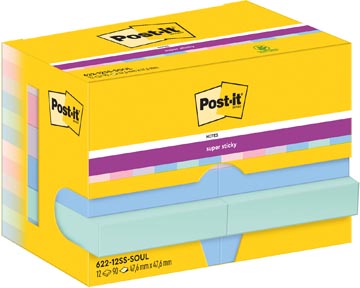 Post-it super sticky notes soulful, 90 feuilles, ft 47,6 x 47,6 mm, paquet de 12 blocs