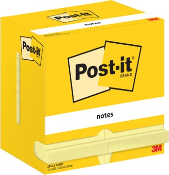 Post-it notes, 100 feuilles, ft 76 x 127 mm, jaune, ligné, paquet de 12 blocs