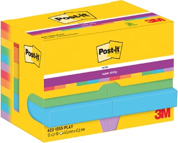 Post-it super sticky notes playful, 90 feuilles, ft 47,6 x 47,6 mm, paquet de 12 blocs