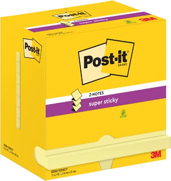 Post-it super sticky z-notes, 90 feuilles, ft 76 x 127 mm, jaune, paquet de 12 blocs
