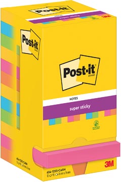 Post-it super sticky notes carnival, 90 feuilles, ft 76 x 76 mm, paquet de 12 blocs