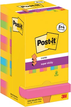 Post-it super sticky z-notes carnival, 90 feuilles, ft 76 x 76 mm, 8 + 4 gratuit