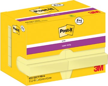 Post-it super sticky notes, 90 feuilles, ft 47,6 x 47,6 mm, jaune, 8 + 4 gratuit