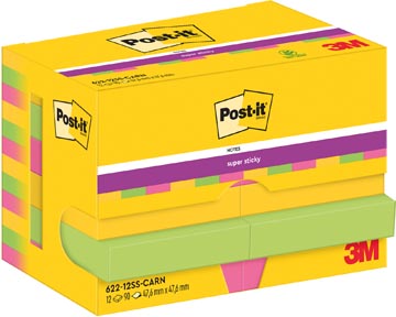 Post-it super sticky notes carnival, 90 feuilles, ft 47,6 x 47,6 mm, paquet de 12 blocs