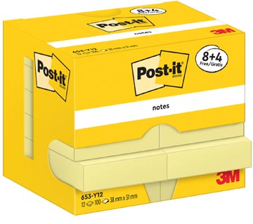 Post-it notes, 100 feuilles, ft 38 x 51 mm, jaune, 8 + 4 gratuit