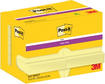 Post-it super sticky notes, 90 feuilles, ft 47,6 x 47,6 mm, jaune, paquet de 12 blocs