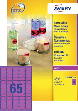Avery étiquettes néon amovibles ft 38,1 x 21,2 mm (l x h), boîte de 100 feuilles, 6500 pièces, rose néon