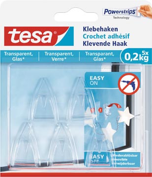 Tesa crochet adhésif pour des surfaces intérieures transparentes et verre, supporte 200 g