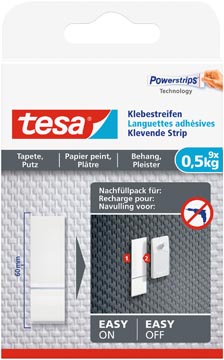 Tesa languettes adhésives recharge, supporte 0,5 kg, papier peint et plâtre, paquet de 9 pièces