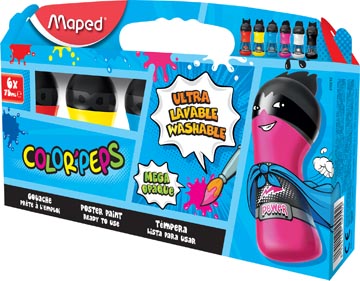 Maped color'peps gouache, boîte distributrice avec 6 flacons de 75 ml en couleurs assorties primaires