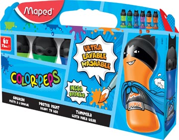Maped color'peps gouache, boîte distributrice avec 6 flacons de 75 ml en couleurs assorties secondaires