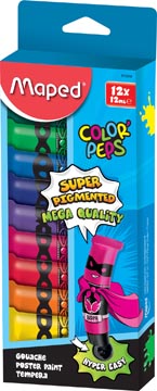 Maped color'peps gouache, tubes de 12 ml,  boîte distributrice avec 12 tubes en couleurs assorties