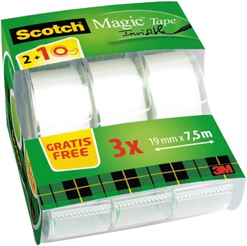 Ruban invisible scotch magic, 2 rouleaux, 19 mm x 7,5 m, 1 gratuit sur le dévidoir manuel