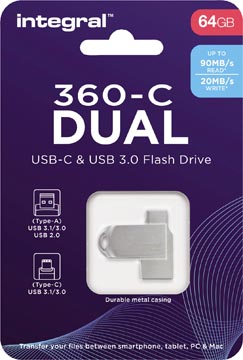 Integral 360-c dual clé usb-c & usb 3.0, 64 go