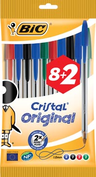 Bic stylo bille cristal medium, geassorteerde kleuren, blister 8 + 2 gratuit