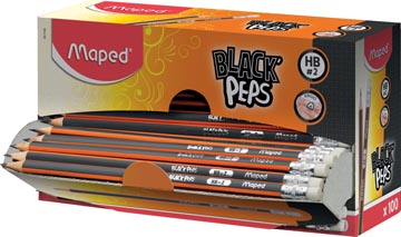 Maped crayon black'peps hb, avec gomme, boîte de présentoir cartonné de 100 pièces