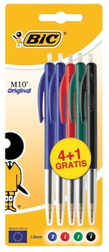 Bic stylo bille m10, blister 4 + 1 gratuit en couleurs assorties