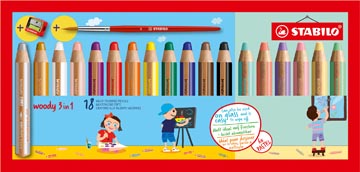 Stabilo woody 3in1 crayon de couleur, étui de 18 pièces en couleurs assorties + taille-crayon + pinceau