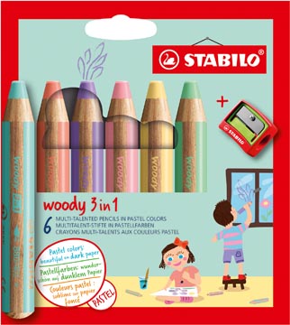 Stabilo woody 3in1 crayon de couleur, étui de 6 pièces en couleurs pastel