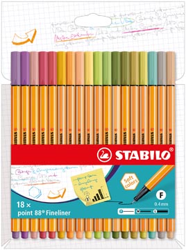 Stabilo point 88 fineliner, étui en carton de 18 pièces en couleurs douces assorties