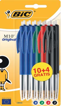 Bic stylo bille m10 clic, 0,4 mm, pointe moyenne, couleurs assorties, blister de 10 pièces et 4 gratuits