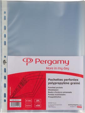 Pergamy pochette perforée, ft a4, perforation 11 trous, pp grainée de 80 micron, pacquet de 50 pièces