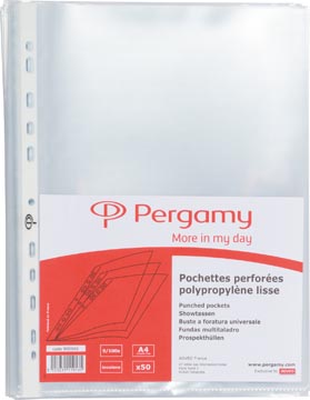 Pergamy pochette perforée, ft a4, perforation 11 trous, pp lisse de 90 micron, paquet de 50 pièces