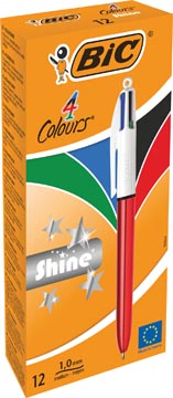 Bic 4 colours shine, stylo bille, 0,32mm, 4 couleurs d'encre classique, corps rouge métalisé