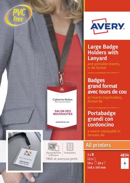 Avery badge grand format avec tours de cou noir, inserts inclus, boîte de 10 pièces