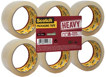 Scotch ruban d'emballage heavy, ft 50 mm x 66 m, transparent, paquet de 6 pièces