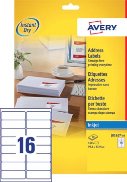 Avery j8162-10 étiquettes adresse ft 99,1 x 33,9 mm (b x h), 160 étiquettes, blanc