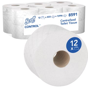 Kimberly clark papier toilette scott control rouleau centrefeed, blanc, 2 plis, paquet de 12 rouleaux