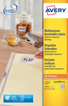 Etiquettes blanches repositionnables stick & lift ft 45,7 x 21 mm (l x h), 1.200 pièces, 48 par feuille