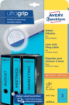 Avery zweckform l4753-20 étiquettes pour classeurs à levier ft 29,7 x 6,1 cm (lxh), 60 étiquettes, bleu