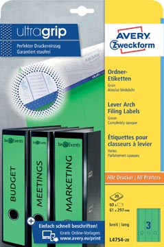 Avery zweckform l4754-20 étiquettes pour classeurs à levier ft 29,7 x 6,1 cm (lxh), 60 étiquettes, vert