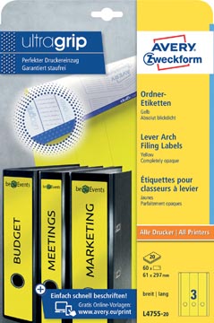 Avery zweckform l4755-20 étiquettes pour classeurs à levier ft 29,7 x 6,1 cm (lxh), 60 étiquettes, jaune