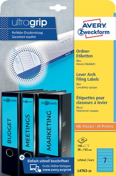 Avery zweckform l4763-20 étiquettes pour classeurs à levier ft 19,2 x 3,8 cm (lxh), 140 étiquettes, bleu