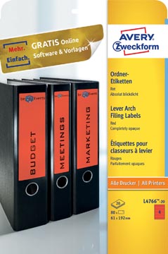 Avery zweckform l4766-20 étiquettes pour classeurs à levier ft 19,2 x 6,1 cm (b x h), 80 étiquettes, roug