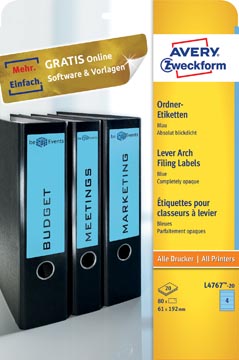 Avery zweckform l4767-20 étiquettes pour classeurs à levier ft 19,2 x 6,1 cm (b x h), 80 étiquettes, bleu