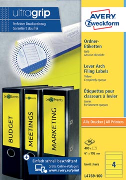 Avery zweckform l4769-100 étiquettes pour classeurs à levier ft 19,2 x 6,1 cm (lxh), 400 étiquettes,jaune