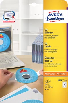 Avery zweckform l6015-25 étiquettes pour cd, diamètre 117 mm, 50 étiquettes, blanc