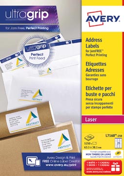 Avery l7160, etiquettes adresses, laser, ultragrip, blanches, 250 pages, 21 per page, 63,5 x 38,1 mm