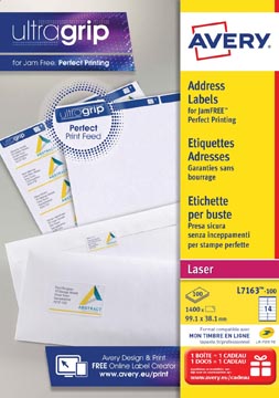 Avery l7163, etiquettes adresses, laser, ultragrip, blanches, 100 pages, 14 per page, 99,1 x 38,1 mm