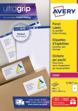 Avery l7167, etiquettes d'expédition, laser, ultragrip, blanches, 100 pages, 1 per page, 199,6 x 289,1 mm