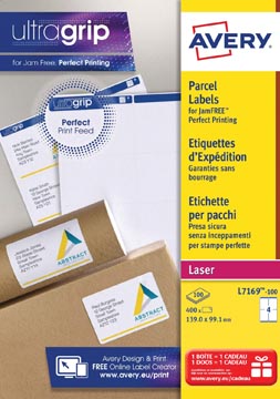 Avery l7169, etiquettes d'expédition, laser, ultragrip, blanches, 100 pages, 4 per page, 99,1 x 139 mm