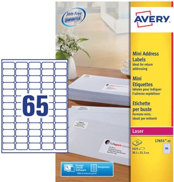 Avery l7651-25 étiquettes adresse mini ft 38,1 x 21,2 mm (b x h), 1.625 étiquettes, blanc