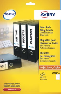 Avery zweckform l7701-25 étiquettes pour classeurs à levier ft 19,2 x 6,2 cm (b x h), 100 étiquettes, bla