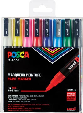 Posca marqueur de peinture pc-3m, set de 8 marqueurs en couleurs basique assorties