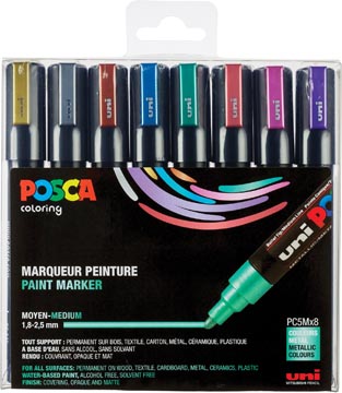 Posca marqueur de peinture pc-5m, set de 8 marqueurs en couleurs metalliques assorties
