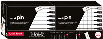 Uni pin fineliner, présentoir de 10 boîtes de 6 pièces + porte-mines et gomme